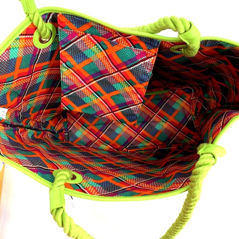 Vera Bradley Large Embroidered Floral Straw Beach Tote Bag Lime Green Purple NWT - Picture 8 of 9